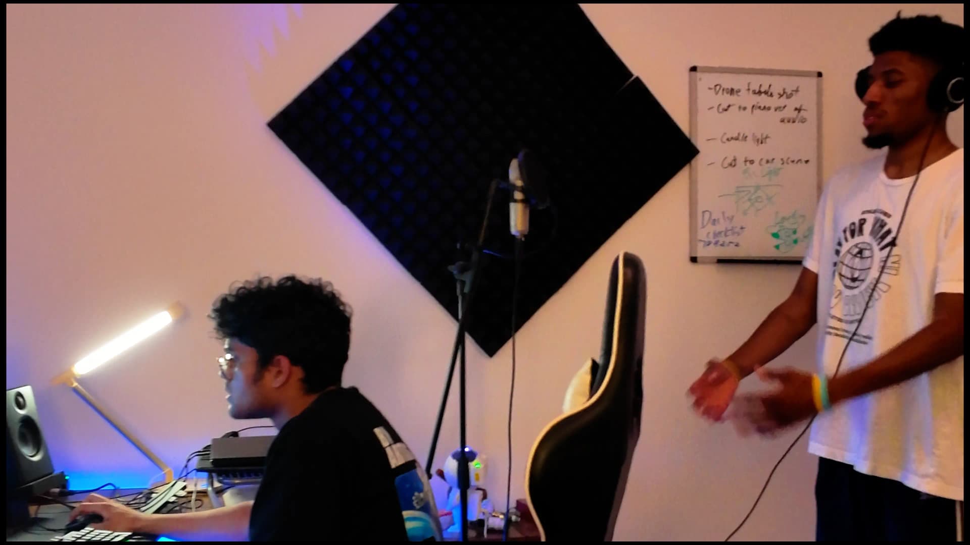 A session in the studio with the day's shot list on the whiteboard
